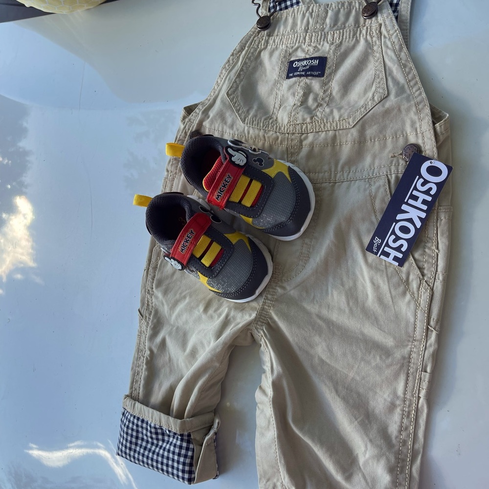 Overalls,  OshKosh, 12  months, Tan, bundle with Disney shoes, size 3 New no tag